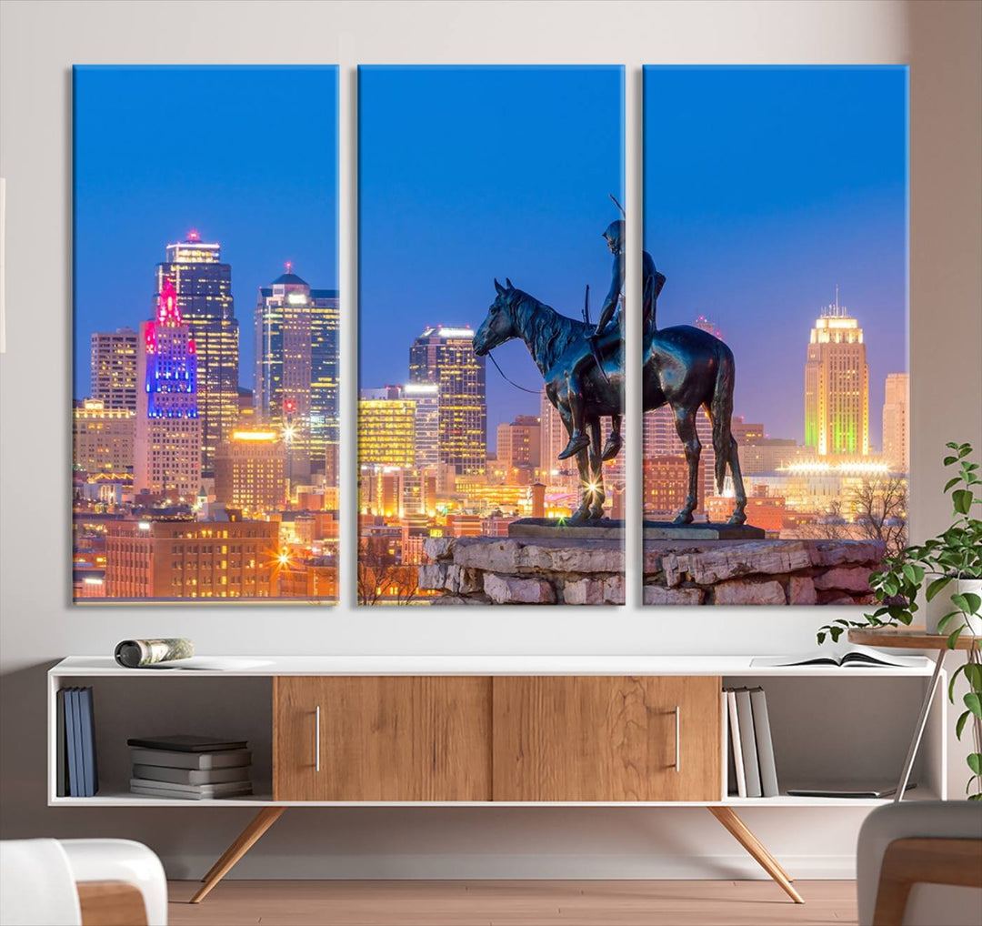 A large Kansas City Night Canvas Print Wall Art adorns the wall, gallery wrapped and finished with a UV-protective coating for lasting vibrancy.