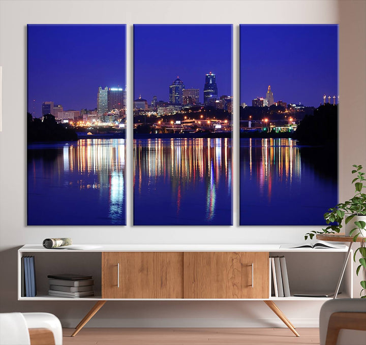 The Kansas City Night Canvas Print Wall Art captures the shimmering city skyline on the calm water, where every detail resembles a museum-quality polycotton masterpiece.