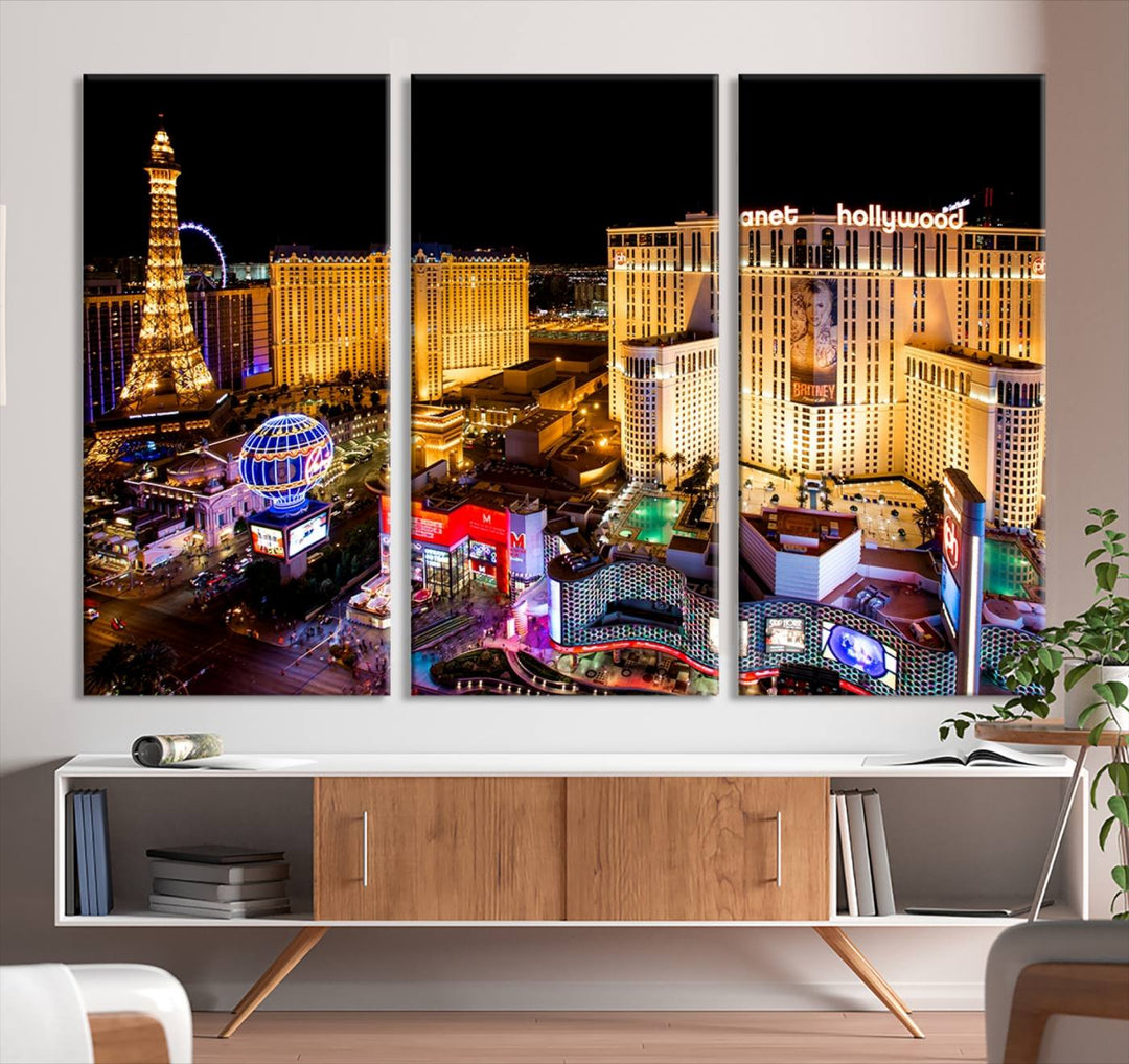 The Las Vegas Wall Art Canvas Print is a triptych set that showcases a stunning night view of Las Vegas. The illuminated buildings and the iconic faux Eiffel Tower add elegance to any space. Each piece comes with a UV-protective coating and is ready to hang, ensuring both style and durability.