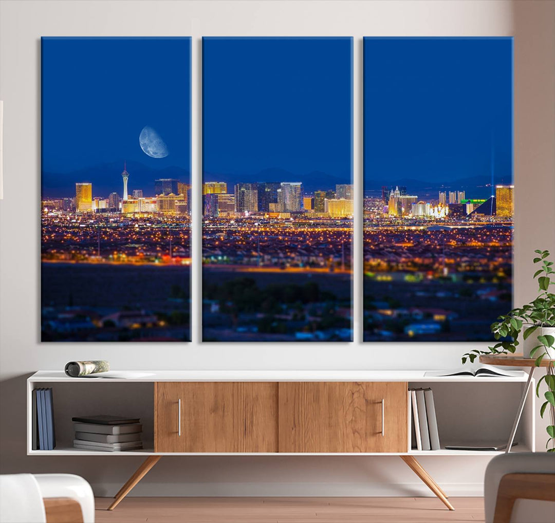 The Las Vegas Wall Art Canvas Print, depicting a city skyline at night, enhances a modern living room with its museum-quality canvas. This triptych comes ready to hang and boasts a UV-protective coating for lasting brilliance.