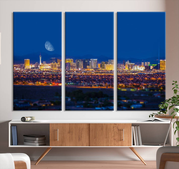 The Las Vegas Wall Art Canvas Print, depicting a city skyline at night, enhances a modern living room with its museum-quality canvas. This triptych comes ready to hang and boasts a UV-protective coating for lasting brilliance.