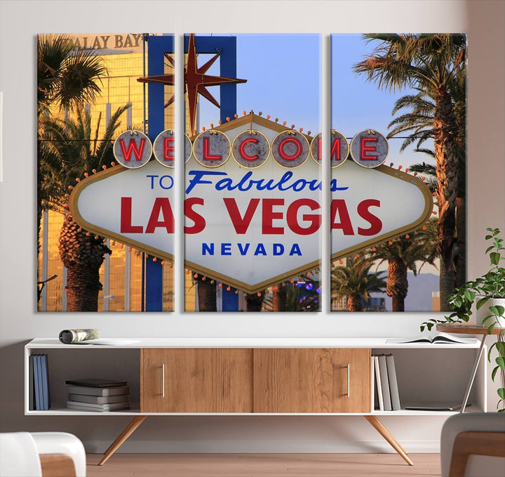 A Las Vegas Wall Art Canvas Print hangs on the wall, showcasing the iconic Welcome to Fabulous Las Vegas, Nevada sign. The museum-quality canvas guarantees vibrant colors with its UV-protective coating and is available with free shipping for added convenience.