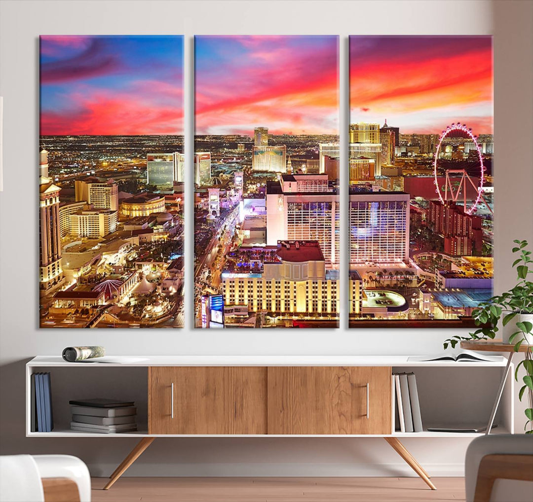 Las Vegas Wall Art Canvas Print depicting a vibrant cityscape at dusk on museum-quality canvas with a UV-protective coating, showcasing a skyline with colorful clouds.