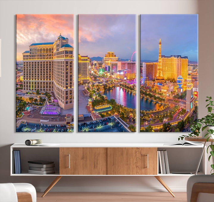 The gallery-wrapped triptych of the Las Vegas Wall Art Canvas Print, depicting the colorful skyline at sunset, adds a vibrant touch to the room. This artwork is crafted on museum-quality canvas and features a UV-protective coating for lasting durability.