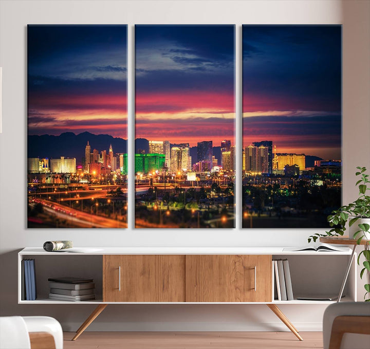 The living room is adorned with the Las Vegas Wall Art Canvas Print, a triptych showcasing a cityscape at sunset. This piece is crafted on museum-quality canvas and protected by a UV-coated finish, highlighting the craftsmanship of a skilled professional.