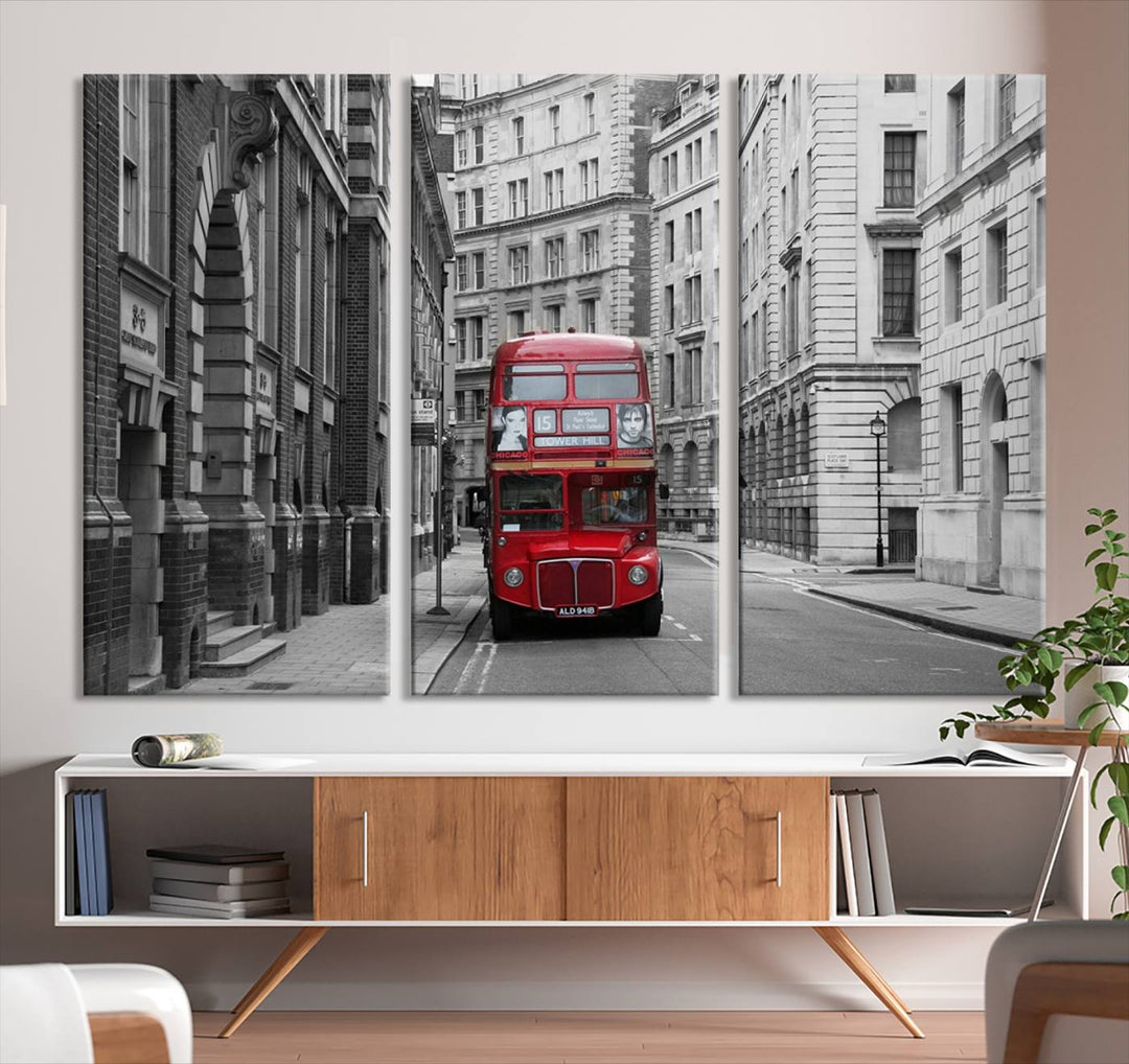 The living room features museum-quality London Red Bus Wall Art, showcasing a split canvas print of a red bus on a black and white city street. This artwork is ready to hang and includes a UV-protective coating to ensure long-lasting vibrance.