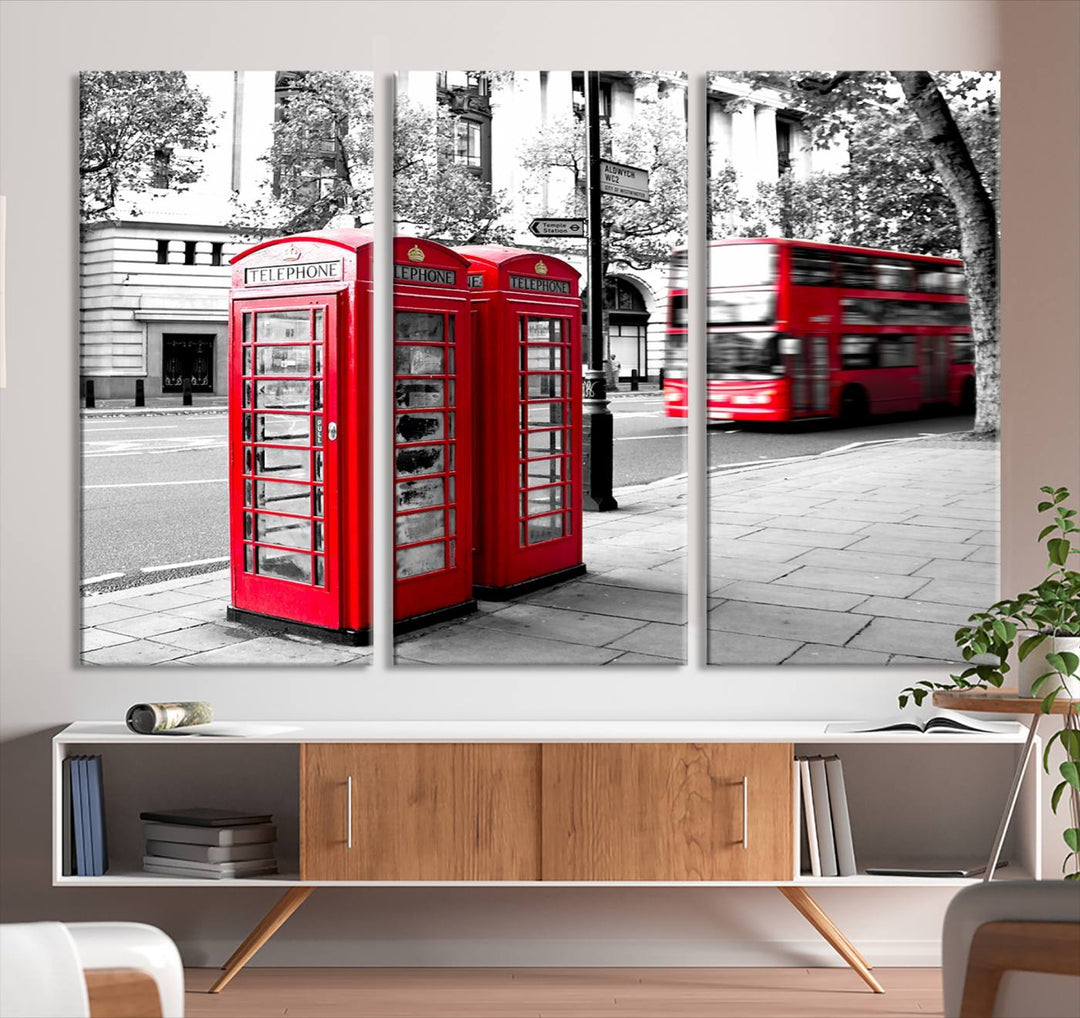 The London Red Bus and Phone Club Wall Art, a vivid night canvas print featuring iconic red buses and phone booths, is elegantly showcased on gallery-wrapped, museum-quality material. With its UV-protective coating, this captivating piece infuses your space with the charm of London.