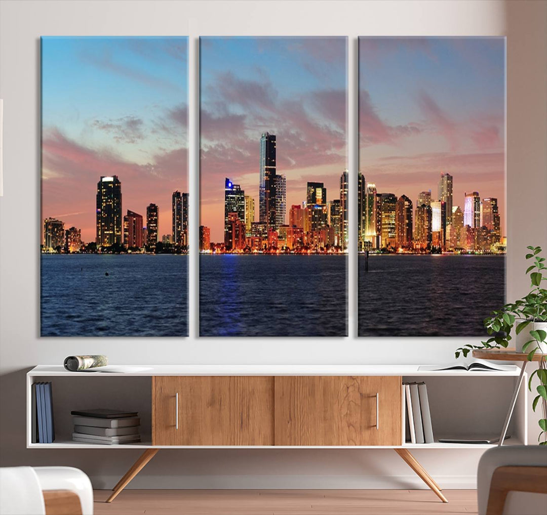 The Wall Art MIAMI Canvas Print emphasizes a vibrant cityscape at sunset. This artwork is presented on museum-quality canvas with gallery-wrapped edges, ensuring it stands out while maintaining its pristine condition for years to come.