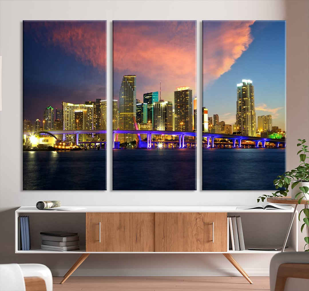 The modern living room is enhanced by the "Miami City Wall Art Canvas Print," a stunning triptych portraying a city skyline at sunset. These canvases are gallery wrapped and made from museum-quality materials, featuring a UV-protective coating to ensure lasting vibrancy.