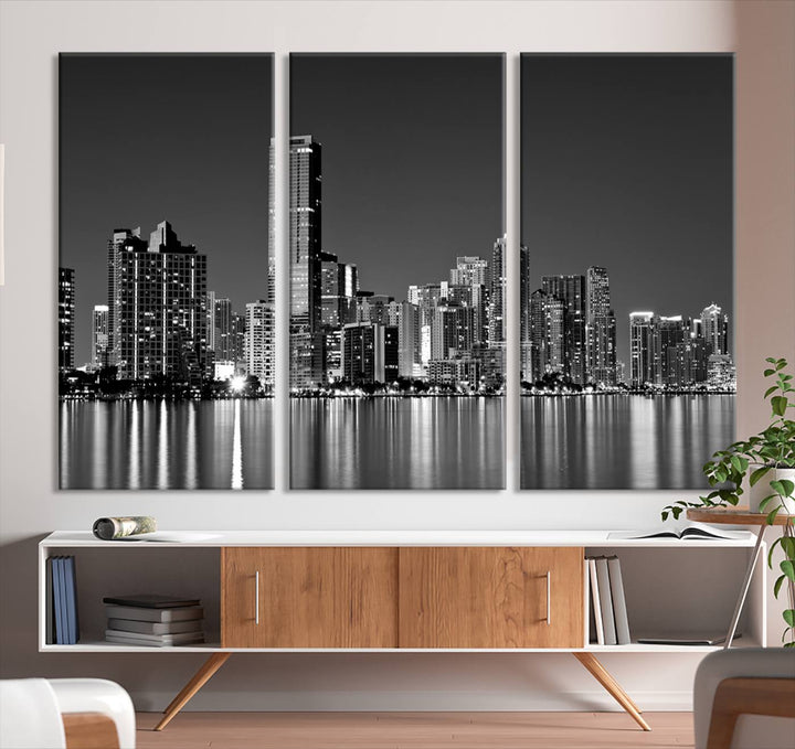 The Miami City Wall Art Canvas Print, a stunning triptych of the Miami skyline, elegantly hangs in this modern living room.