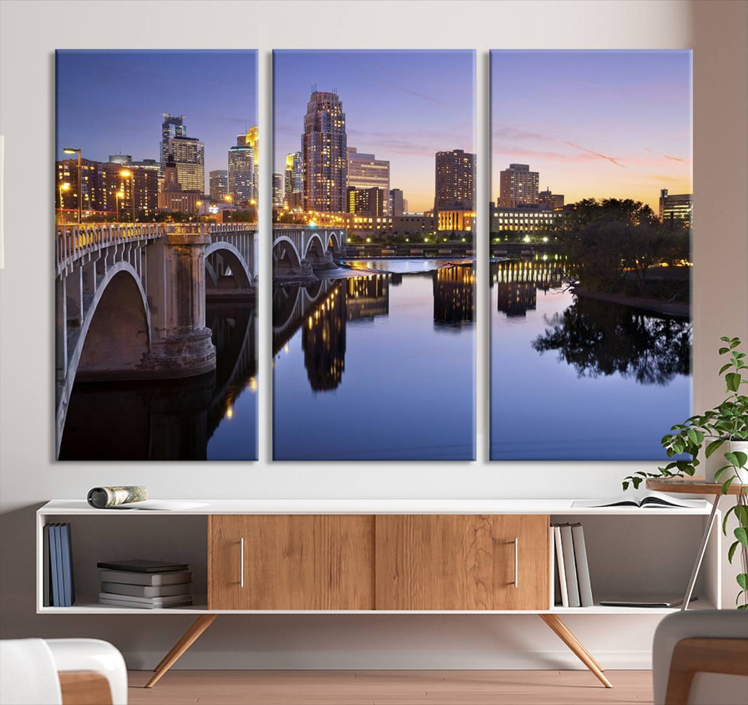 Display the Minneapolis Wall Art Canvas Print, featuring the Minnesota cityscape at dusk, on gallery-wrapped, museum-quality canvas.