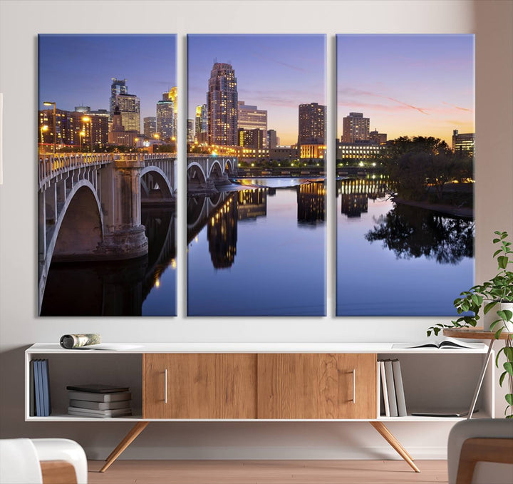 Display the Minneapolis Wall Art Canvas Print, featuring the Minnesota cityscape at dusk, on gallery-wrapped, museum-quality canvas.