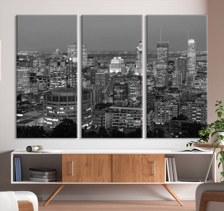 The gallery-wrapped, museum-quality canvas print features the Montreal Canada City Wall Art, showcasing a cityscape at night in black and white.