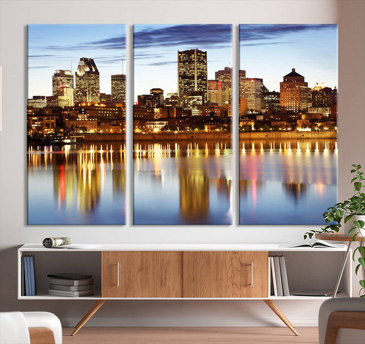 A Montreal Canada City Wall Art Canvas Print, depicting the cityscape at dusk and reflecting in calm waters, is crafted with museum-quality canvases and a UV-protective coating. This remarkable piece guarantees vibrant colors that remain stunning and ready to hang for years to come.