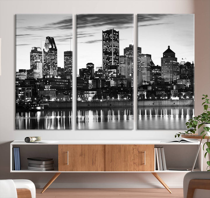 The contemporary living room features the Montreal Canada City Wall Art Canvas Print, an elegantly gallery-wrapped triptych on museum-quality canvas, prominently hung above.