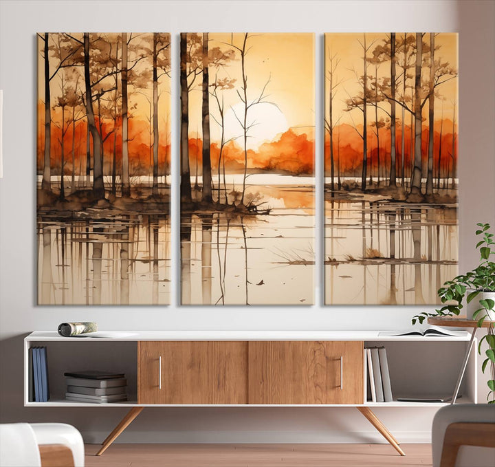 An Abstract Watercolor Trees and Sunset on Lake Wall Art Canvas Print, created on museum-quality canvas.