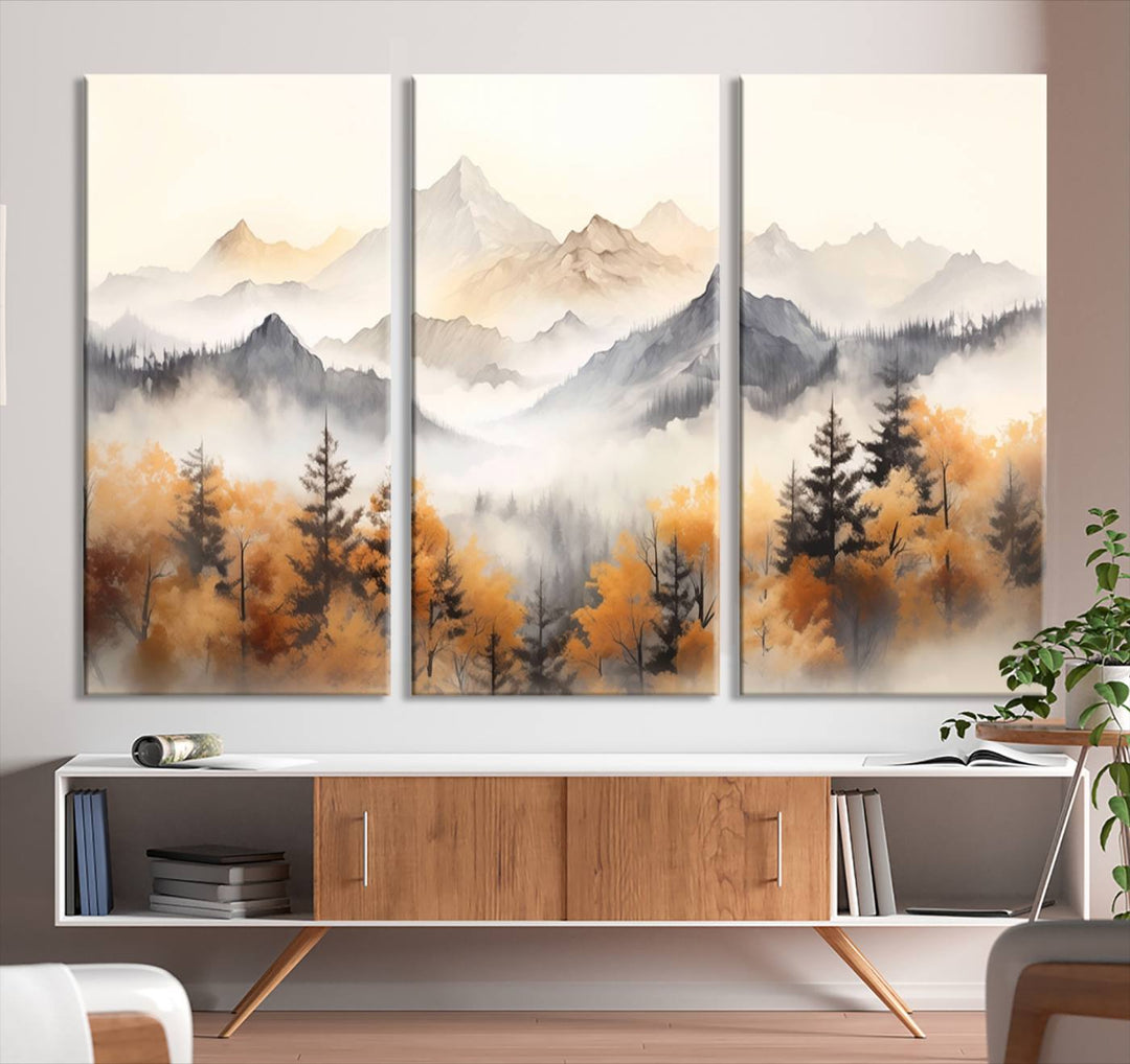 Art mural abstrait aquarelle montagnes et arbres automne