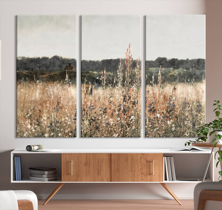 Abstract Wildflower Field Landscape Oil Painting Print, Country Field Wall Art - Framed Ready to Hang