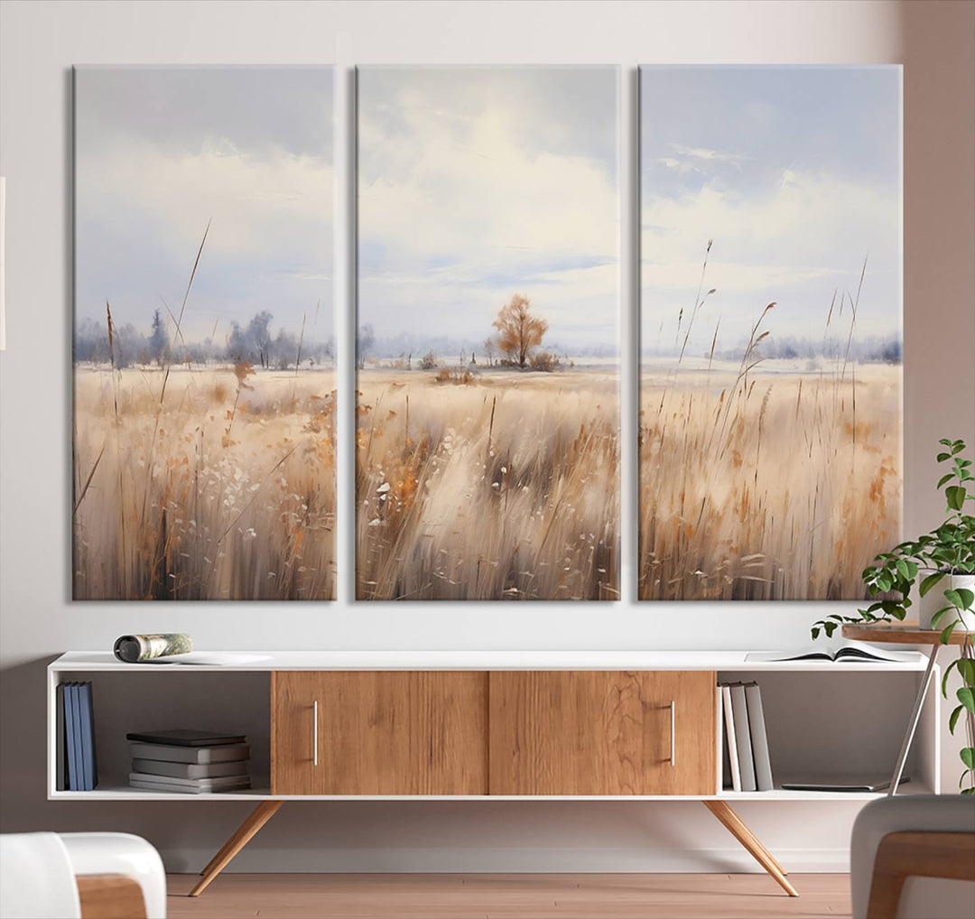 The modern living room features the Golden Fields Canvas Wall Art Print – Serene Landscape of Nature’s Tranquility in Minimalist for Farmhouse Decor, showcasing serene golden fields that enhance the calming ambiance.