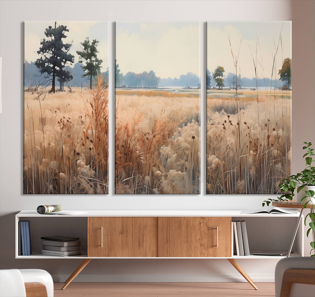 The Golden Fields Canvas Wall Art Print, a serene depiction of nature's tranquility in minimalist modern decor style, graces the wall with its calming presence.