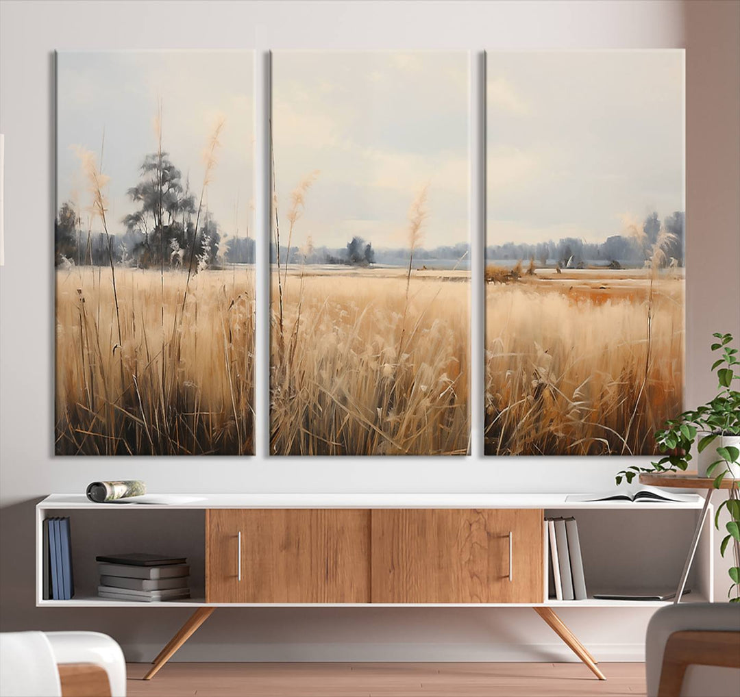 A Wildflower Field Landscape Oil Painting, showcasing a vintage art print of a serene field with tall grasses and distant trees, is beautifully presented on museum-quality canvases with gallery-wrapped edges.