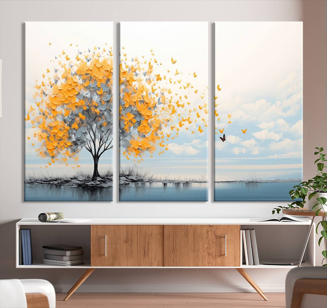 A Butterfly Tree Wall Art Canvas, featuring a modern tree adorned with yellow butterflies, decorates the wall.