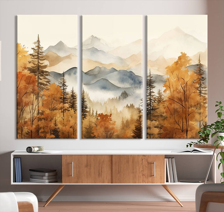 Abstract Mountain Mist Canvas Wall Art – Tranquil Autumn Forest and Misty Peaks - Ready to Hang