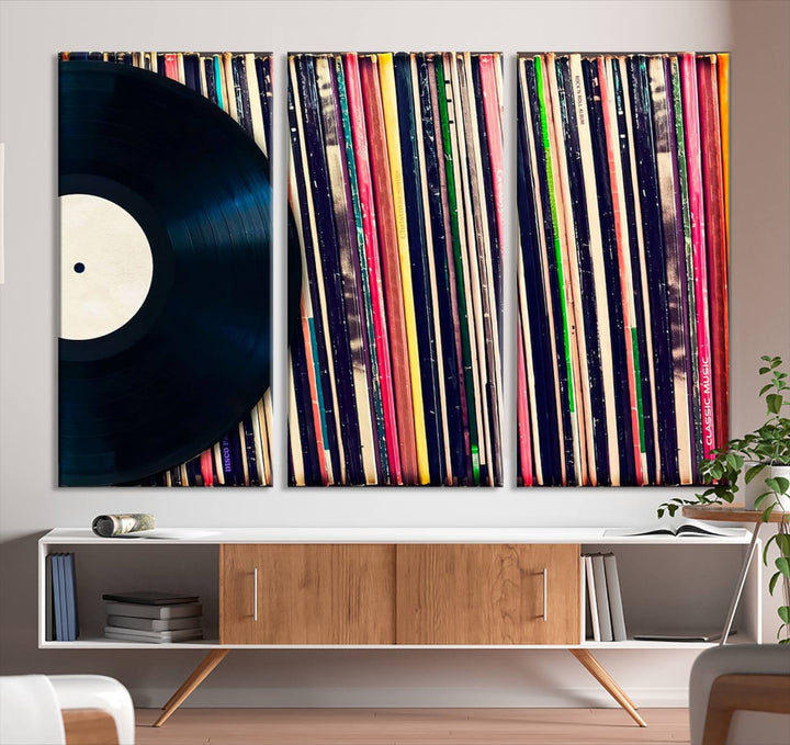 The room showcases the "Vinyl Record and Album Collection Canvas Wall Art," a perfect retro music decor piece for vintage vinyl lovers.