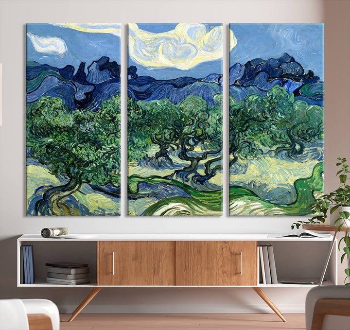 The Olive Trees Van Gogh Wall Art Canvas Print enhances the living room with its vivid landscape on museum-quality canvas, complete with a UV-protective coating.