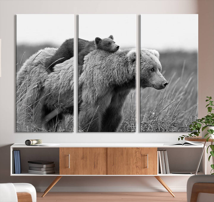 Baby Bear and Mom Bear Family Black & White Canvas Print Wall Art Canvas