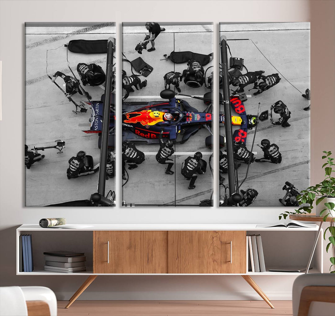 The RedBull Formula 1 Canvas Wall Art Print, a set of three gallery-quality pieces, elegantly adorns the wall.