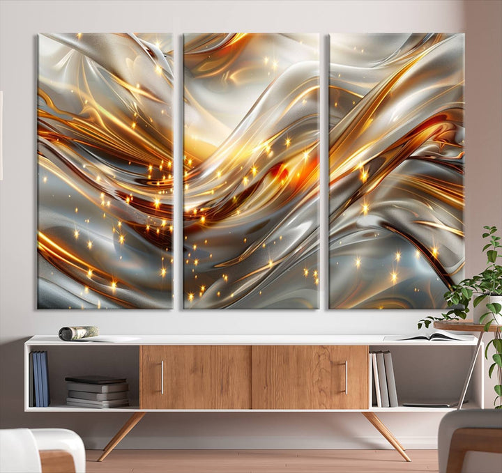 The Elegant Modern Gold Abstract Wall Art - Premium Framed Canvas Print for Home & Office Decor showcases a captivating triptych with swirling metallic designs and golden sparkles, perfectly enhancing contemporary interiors.