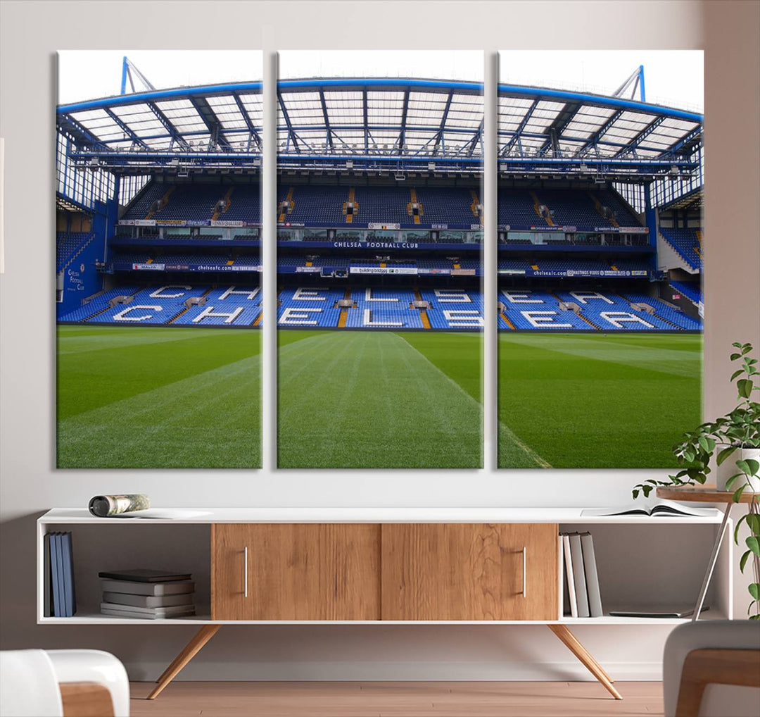 The Chelsea FC Soccer Team Print - Stamford Bridge Stadium Wall Art Canvas Print hangs elegantly, bringing the thrill of the game into your living room.