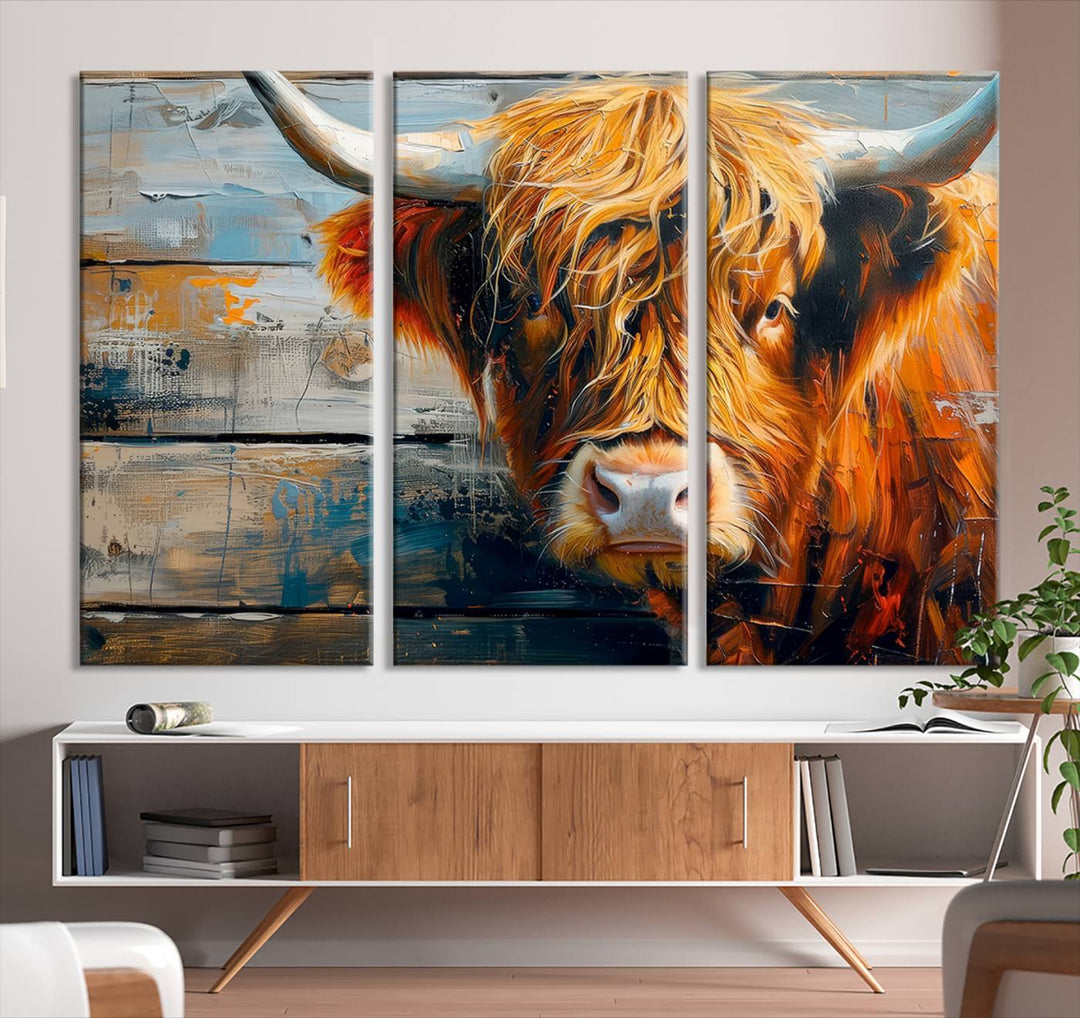 The Highland Cow Abstract Canvas Wall Art, a bold piece of farmhouse rustic decor, adds charm to the modern living room.