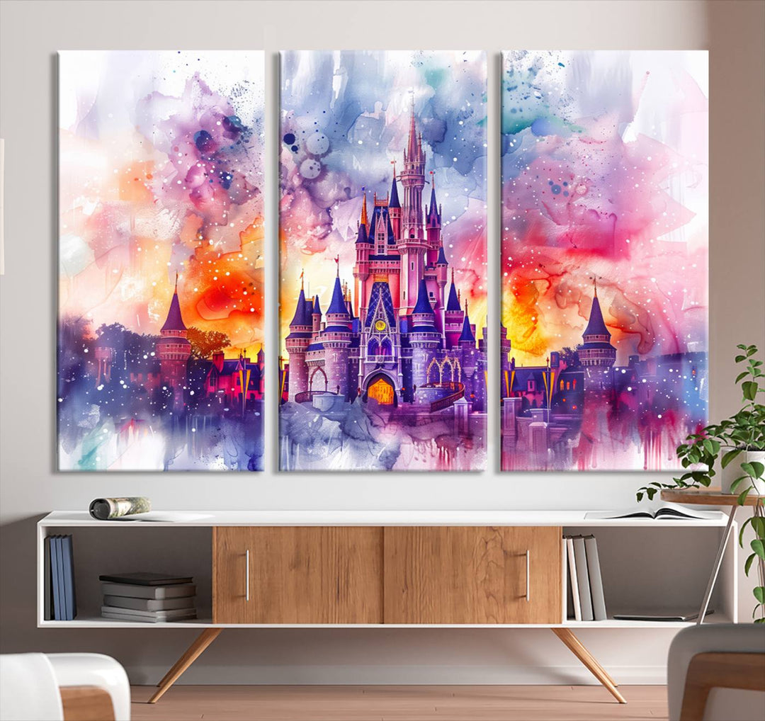 A vibrant piece of wall art depicting the Cinderella Castle from Disneyland, presented as a watercolor painting on premium canvas, is displayed.