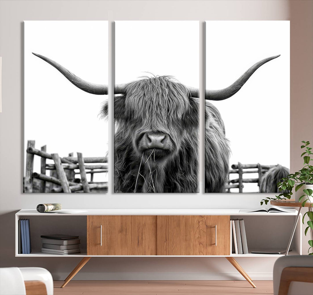 The Longhorn Canvas Print, featuring a black-and-white triptych of a Bighorn cow with shaggy fur and impressive long horns, is elegantly showcased. This wall art piece boasts a gallery-quality finish on premium canvas, bringing sophistication to any room.