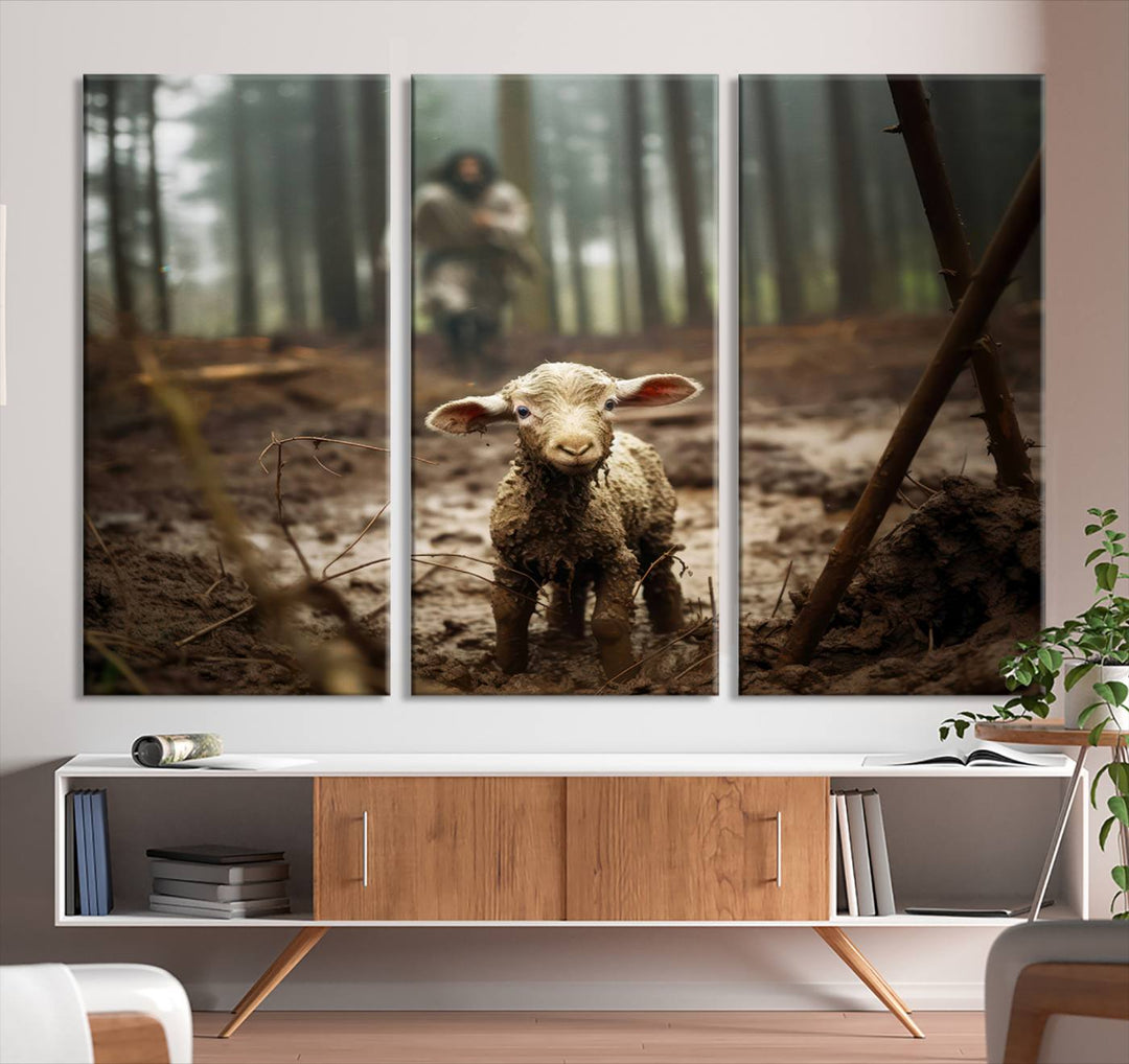 Jesus Running After a Lost Lamb Canvas Wall Art Print