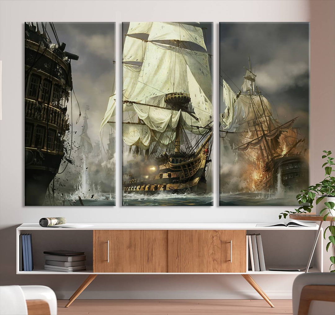 The Pirate Ship War Wall Art Canvas Print, featuring a stunning three-panel depiction of an intense sea battle with tall ships, boasts a gallery-quality finish that adds an elegant touch to its display.