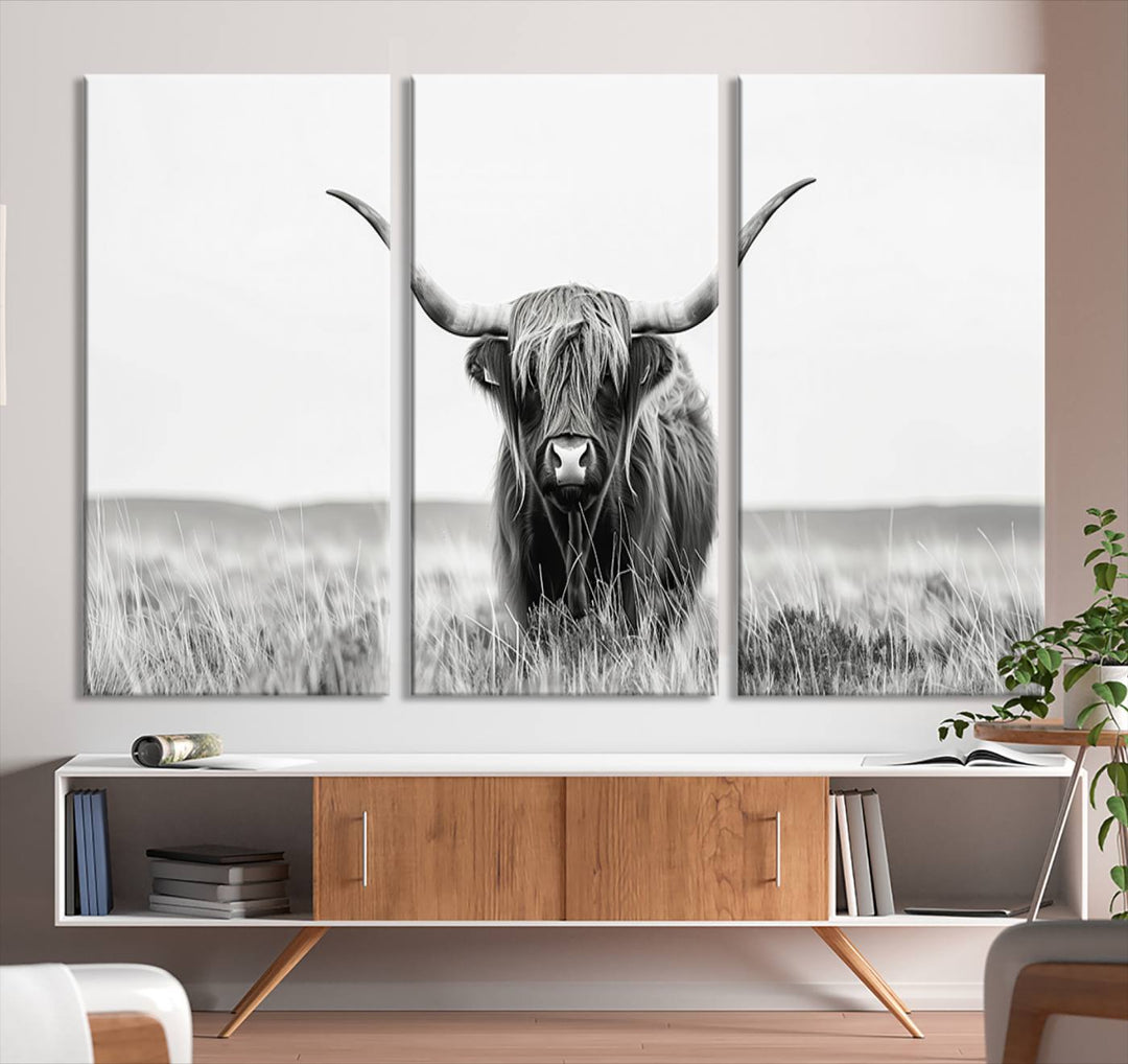 The living room is enhanced by a stunning three-panel Longhorn Wall Art Canvas Print. This museum-quality piece of Texas Longhorn Art comes on a gallery-wrapped canvas with a UV-protective coating to keep it vibrant under everyday light exposure.