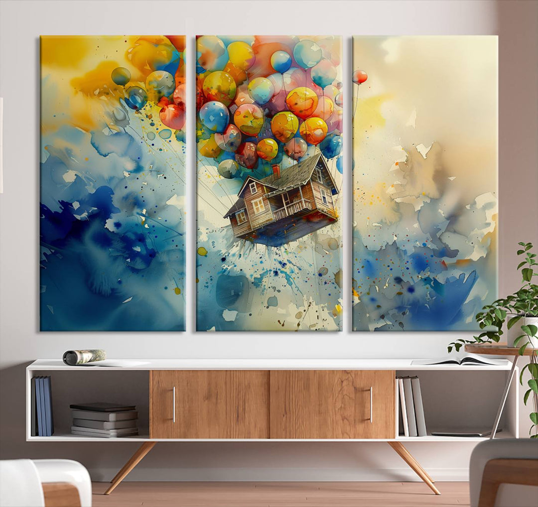 The Cartoon Movie Wall Art Canvas Print, featuring a vibrant house lifted by balloons and split across three panels, serves as captivating wall art. Handmade in the USA, it adds charm and whimsy to any space.