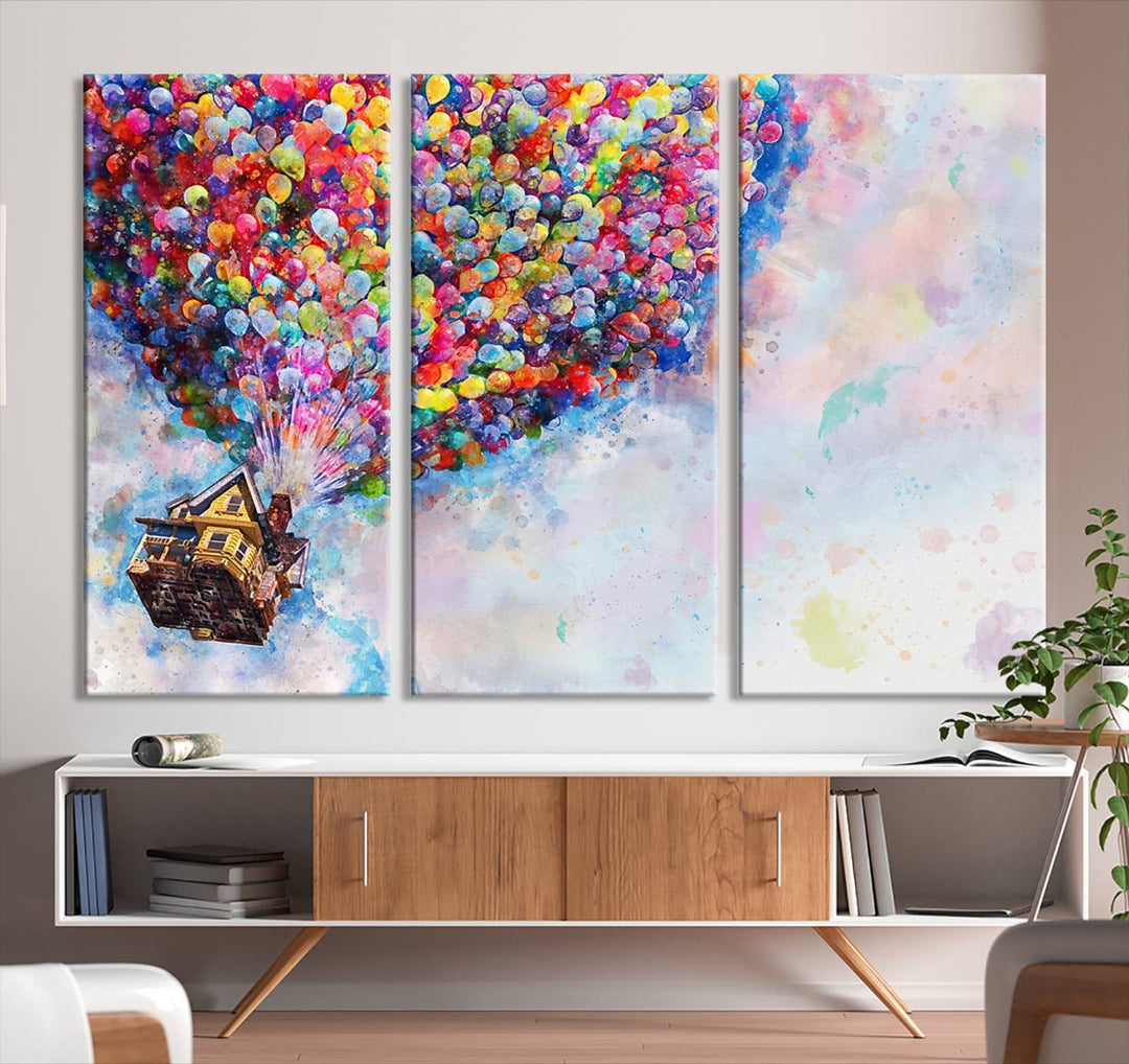 The "Watercolor Cartoon Movie Balloons Canvas Print" is showcased, depicting a whimsical house being lifted by colorful balloons. This triptych wall art is crafted on museum-quality canvases with a UV-protective coating to maintain its vibrant colors, making it ready to hang in any room.