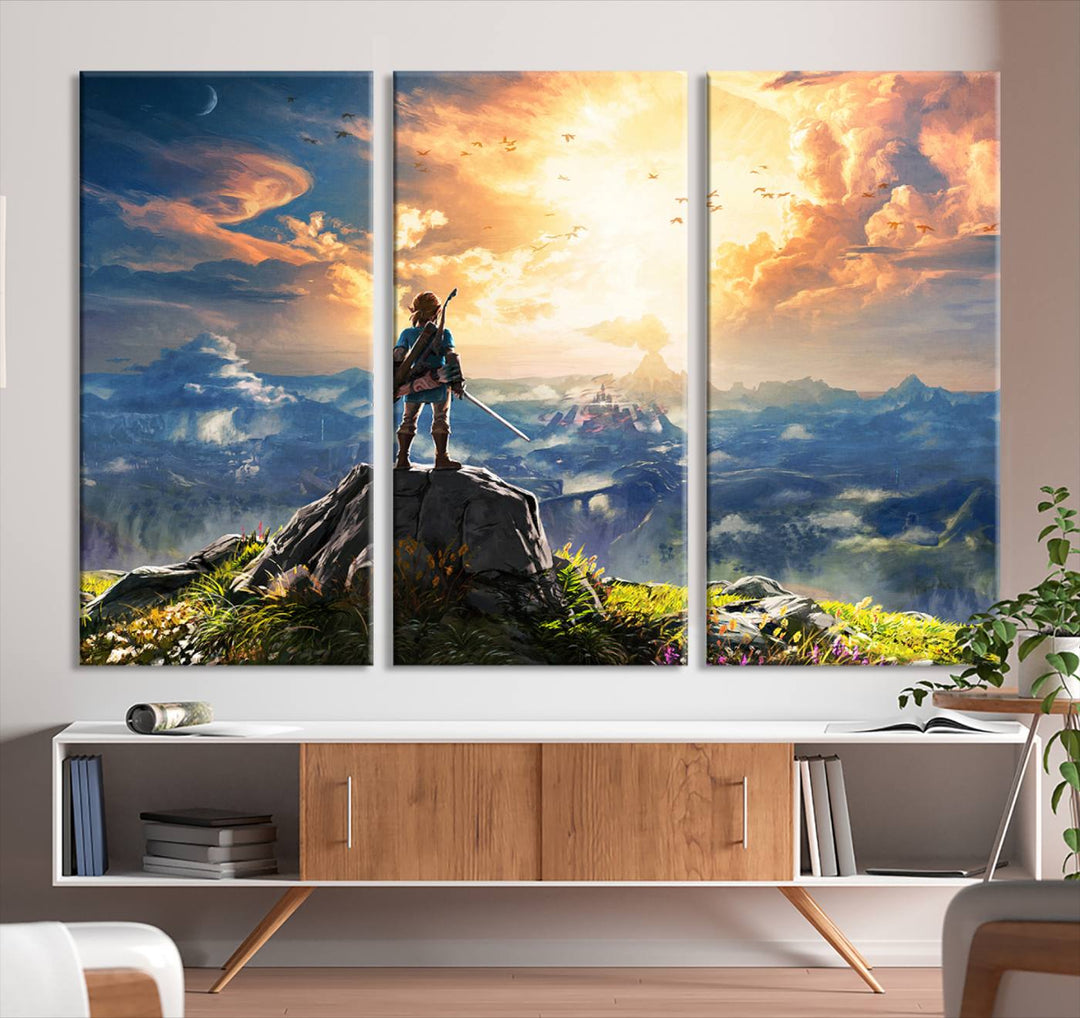 The Legend of Zelda Breath of the Wild Game Wall Art Canvas Print showcases a fantasy landscape with a character on a cliff, all rendered in gallery-quality finish on premium canvas.