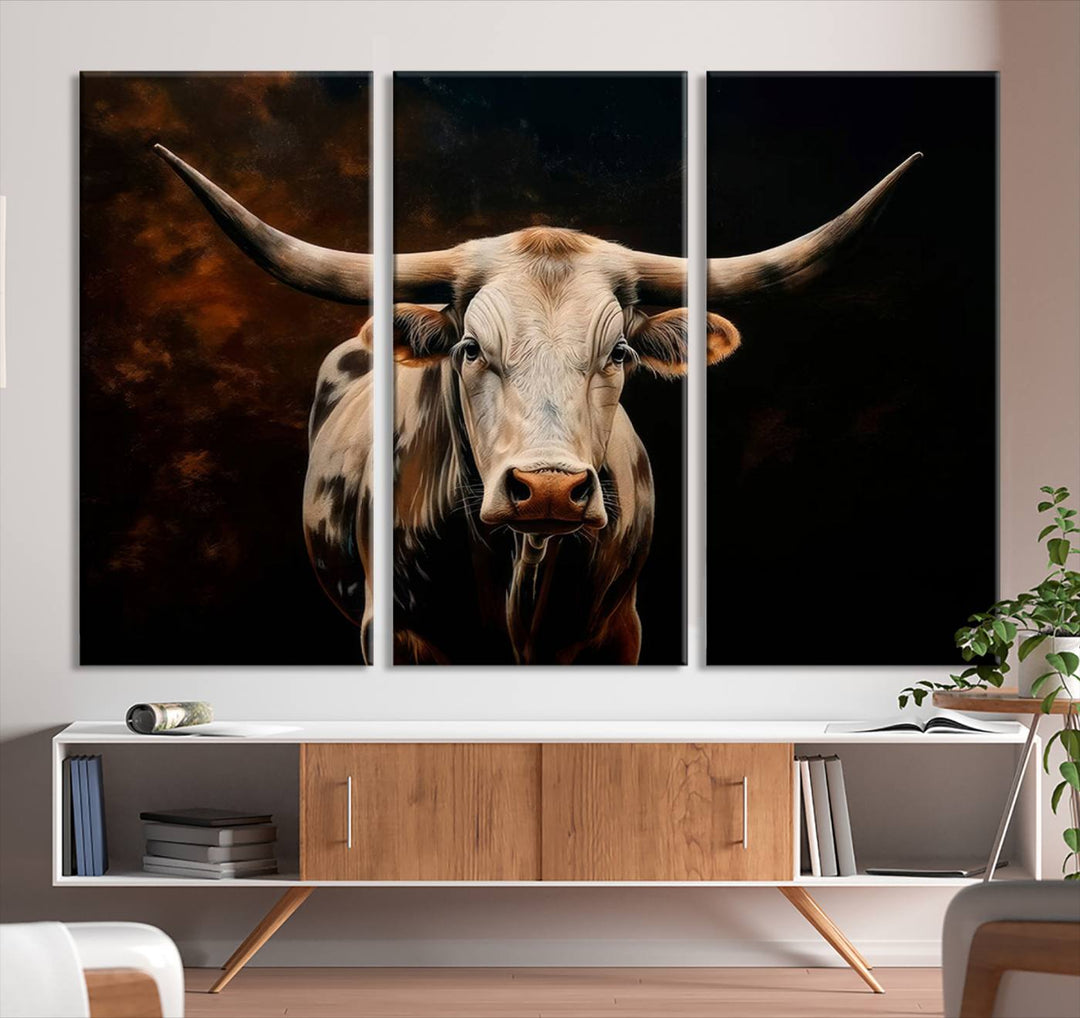 The Texas Longhorn Wall Art, a 3-panel large canvas print, infuses the room with a dash of cowboy charm.