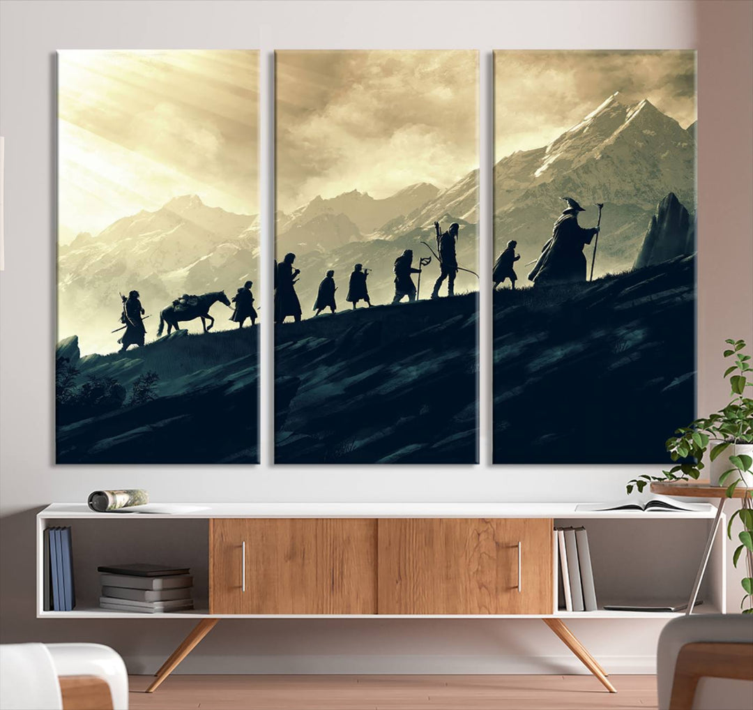 A canvas print titled "Lord of the Rings Silhouette Wall Art Capturing the Epic Quest Through Middle-Earth - The Fellowship's Journey" is displayed.