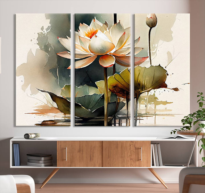 The Lotus Flower Watercolor Canvas Print, a contemporary wall art piece symbolizing serenity and growth with its soft watercolors, adorns the wall.