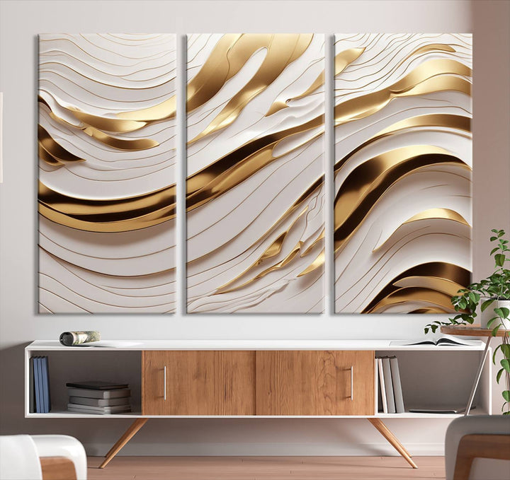 The "Gold and White Abstract Wave Canvas – Elegant Flowing Design with Luxurious Golden Accents" beautifully enhances the area and creates a stunning focal point in the room.