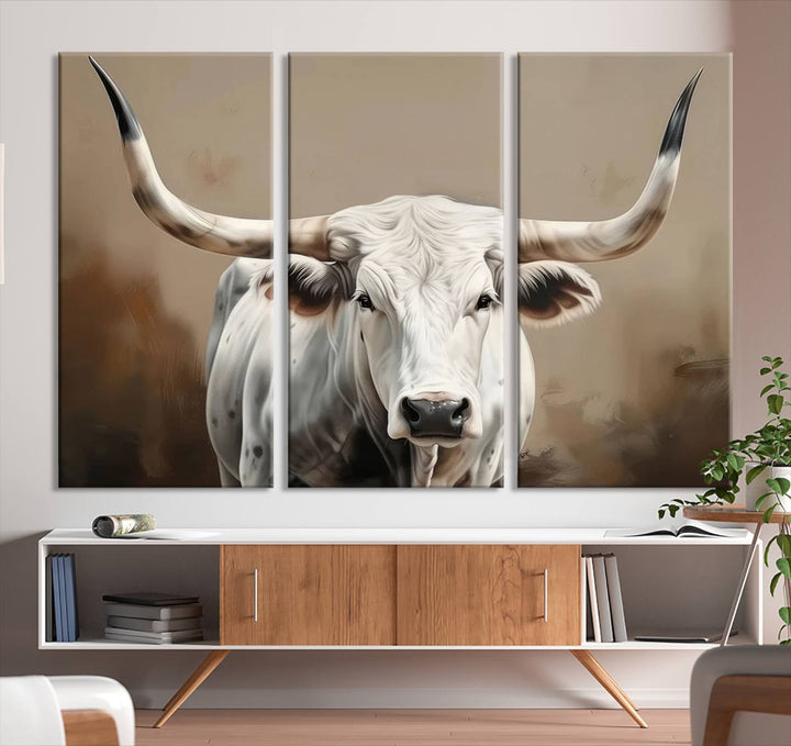 Texas Longhorn Canvas Wall Art features a triptych design on premium canvas with a gallery-quality finish.