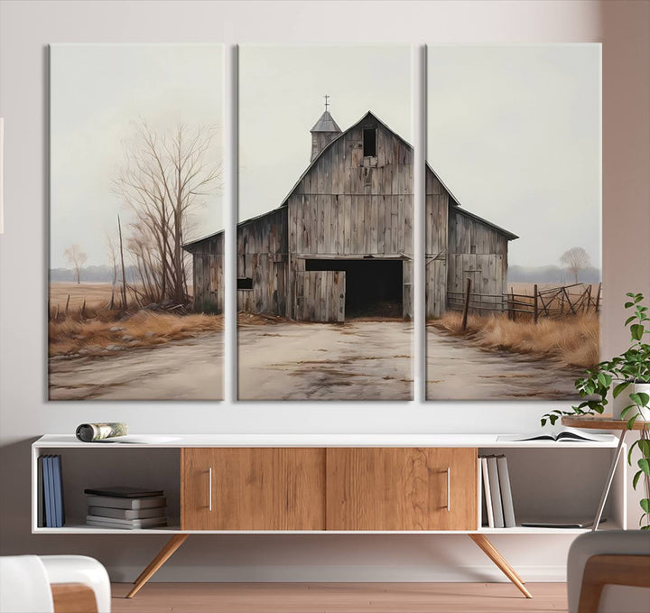 A framed and ready-to-hang Farmhouse Rustic Barn Wall Art Canvas Print is displayed against a gray wall. This stylish modern living room seamlessly combines rural life wall décor with contemporary comfort.