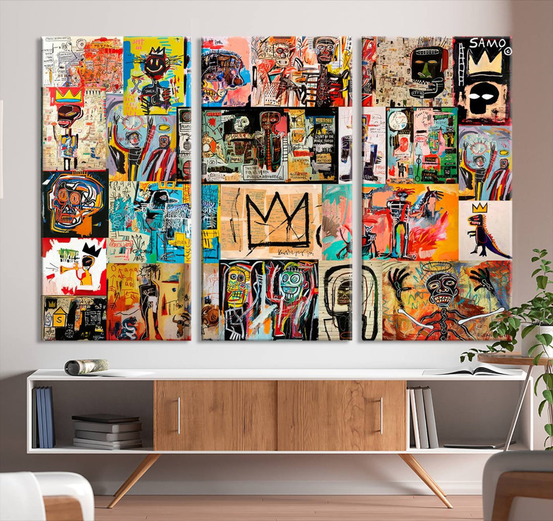 A vibrant Basquiat Art Collage Wall Art Canvas Print in an urban graffiti style adds a modern artistic flair.