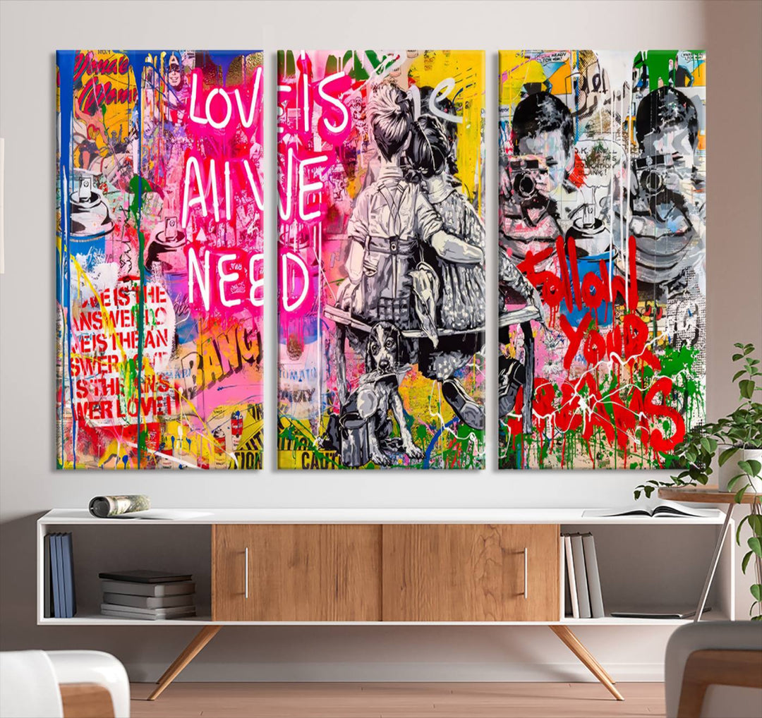 A vivid display of the "Follow Your Dreams & Love is All We Need" graffiti street art energizes a modern room with its three-panel arrangement. This bold giclee canvas print infuses any contemporary space with dynamic flair.